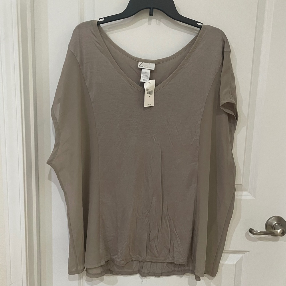 Lane Collection Womens 4X Taupe Mixed Media V-Neck Chiffon Modal Top NWT
